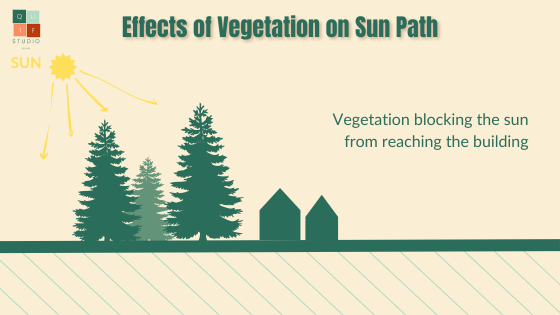 This diagram is showing how vegetation can affect the relationship between the sun and buildings. The example in the diagram is showing how tall trees are blocking the sun from buildings located behind the trees.