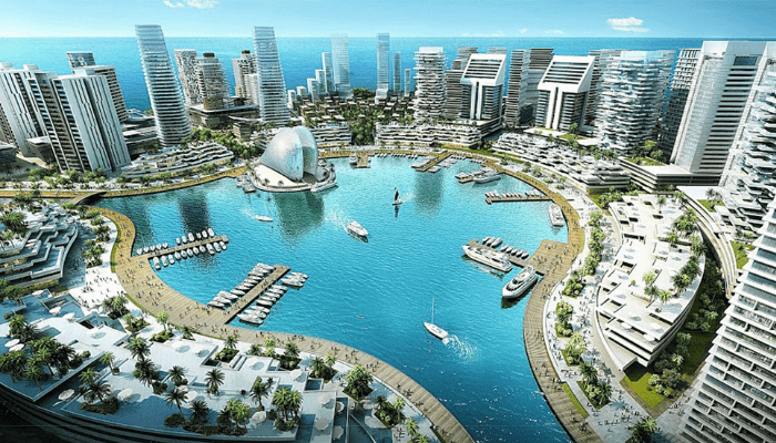 This image shows the proposed design of Eko Atlantic City in Lagos, Niageria.