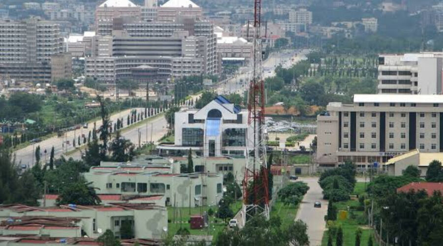 This image shows the aerial view of the Abuja Central Business District in Abuja, Nigeria.